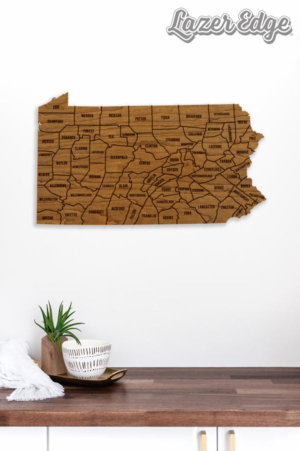 Pennsylvania County Map Wall Hanging - Crafted from Cherry or Maple Wood