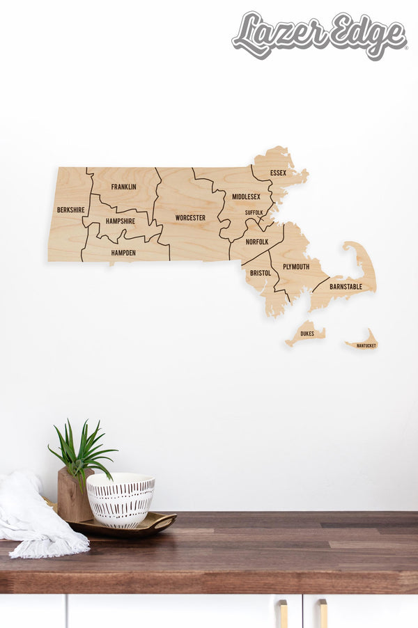 Massachusetts County Map Wall Hanging - Crafted from Cherry or Maple Wood