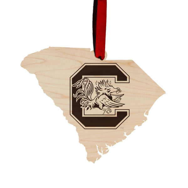 University of South Carolina Gamecocks on State Ornament – Crafted from Cherry and Maple Wood – USC Gamecocks