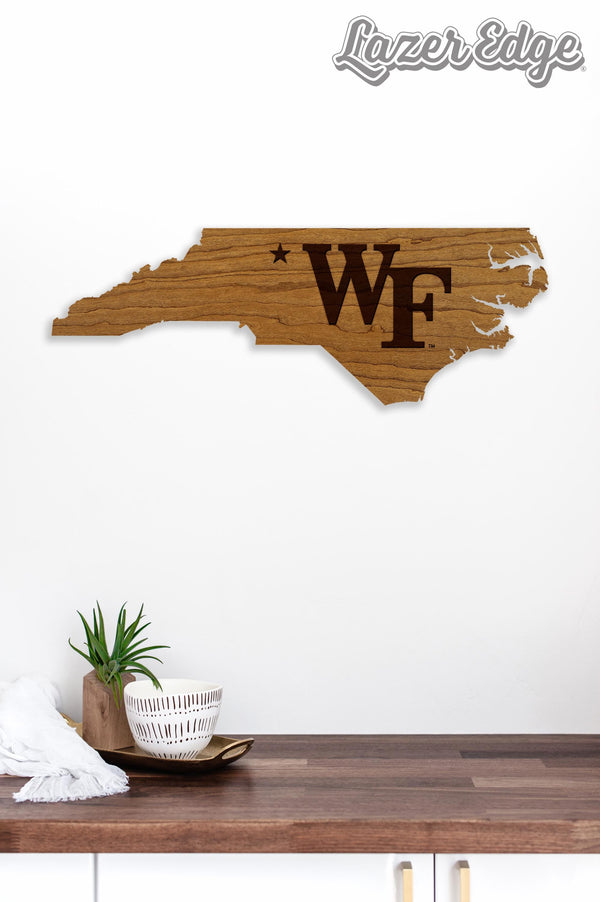 Wake Forest University WF Logo on State Wall Hanging - Crafted from Cherry and Maple Wood - Wake Forest Demon Deacons