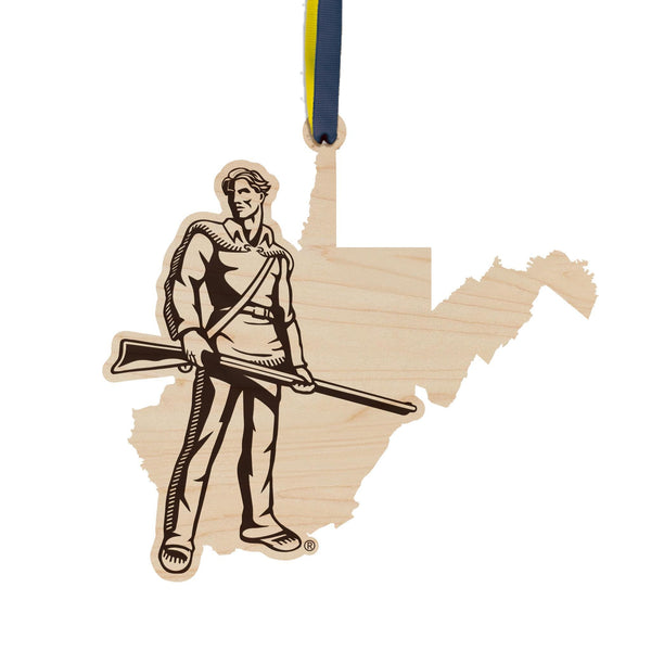 West Virginia University Mountaineer on State Ornament – Crafted from Cherry and Maple Wood – West Virginia Mountaineers