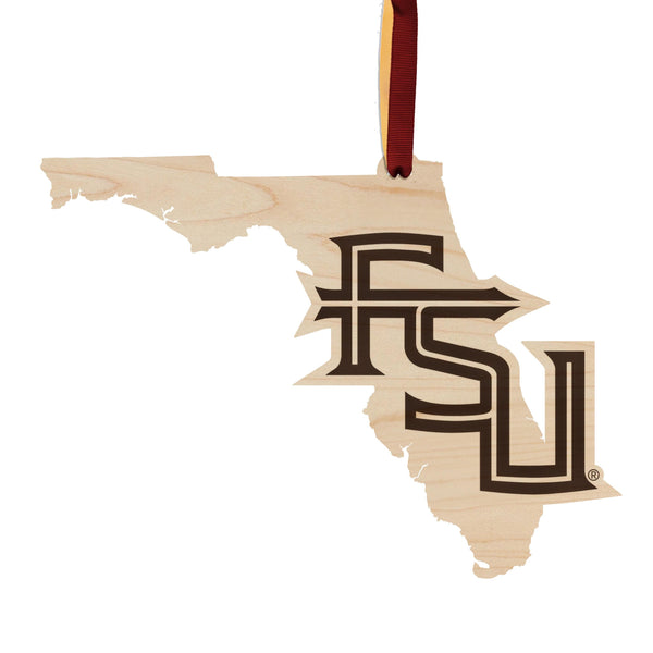Florida State University FSU on State Ornament – Crafted from Cherry and Maple Wood – Florida State Seminoles