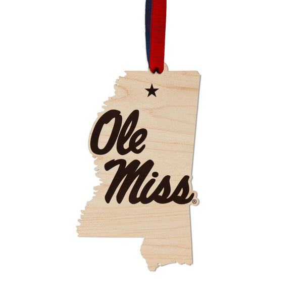 Ole Miss on Mississippi Ornament – Crafted from Cherry or Maple Wood