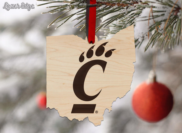 University of Cincinnati Bearcat on State Ornament – Crafted from Cherry and Maple Wood – Cincinnati Bearcats
