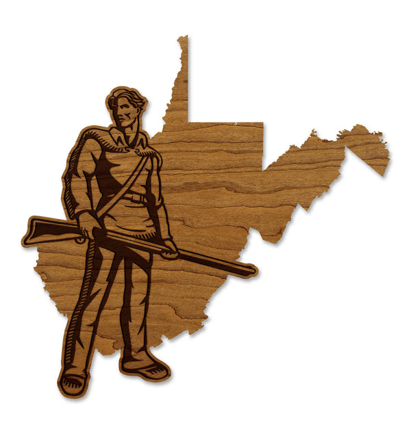 West Virginia University Mountaineer on State Wall Hanging - Crafted from Cherry and Maple Wood - West Virginia Mountaineers