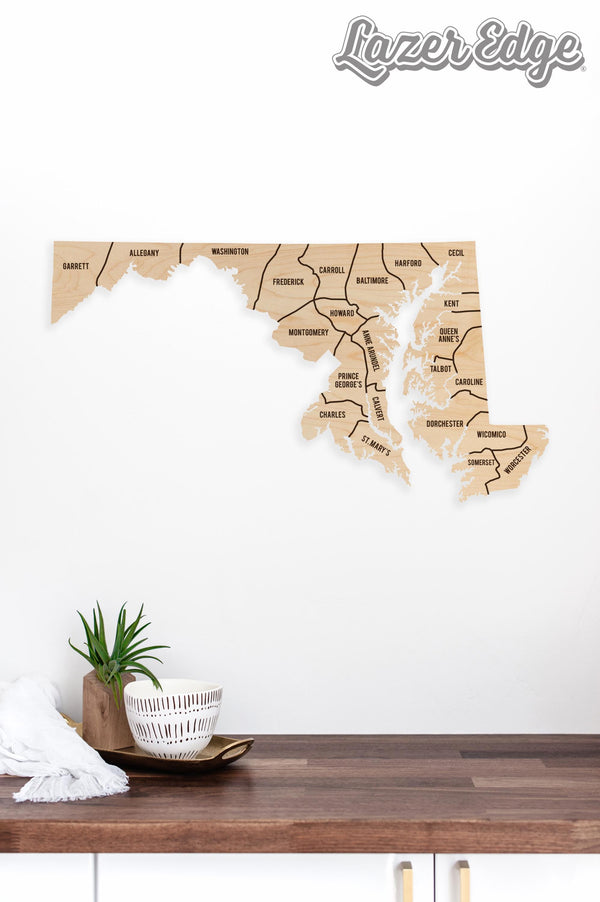 Maryland County Map Wall Hanging - Crafted from Cherry or Maple Wood
