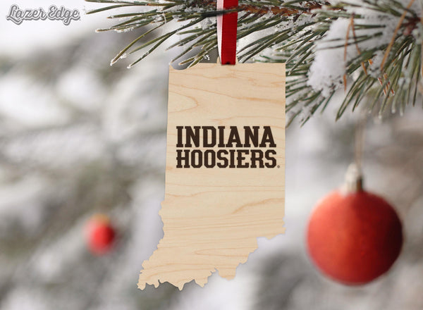 Indiana University Hoosiers on State Ornament – Crafted from Cherry and Maple Wood – Indiana Hoosiers