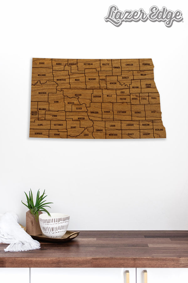 North Dakota County Map Wall Hanging - Crafted from Cherry or Maple Wood