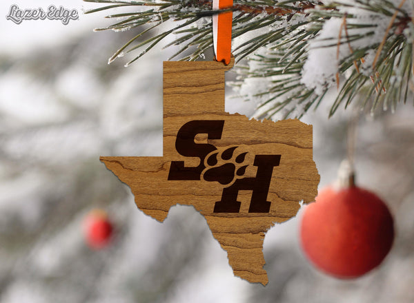 Sam Houston State University Logo on State Ornament – Crafted from Cherry and Maple Wood – Sam Houston Bearkats