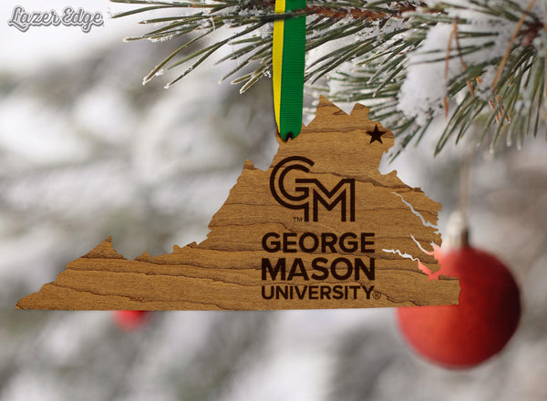 George Mason University Logo on State Ornament – Crafted from Cherry and Maple Wood – GMU Patriots