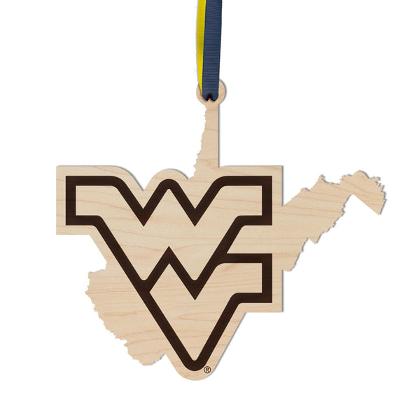 West Virginia University WV on State Ornament – Crafted from Cherry and Maple Wood – West Virginia Mountaineers