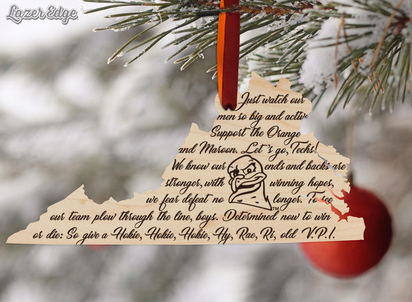 Virginia Tech Fight Song on State Ornament – Crafted from Cherry and Maple Wood – Virginia Tech Hokies