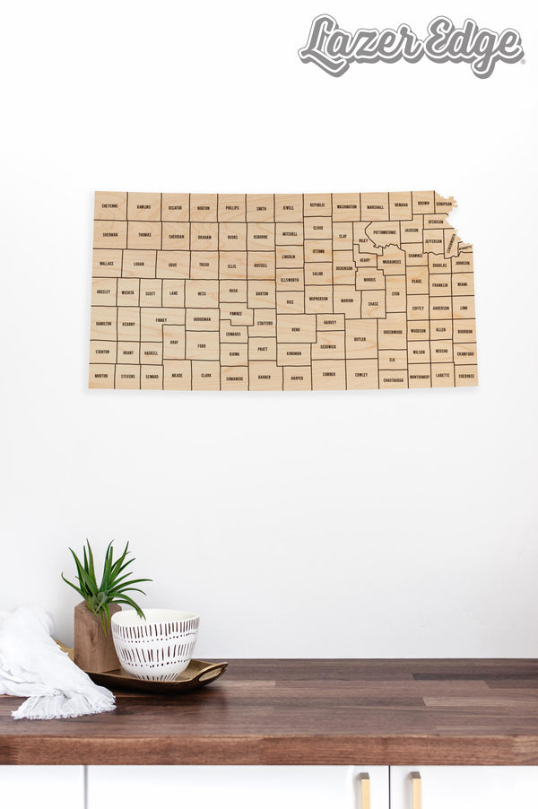 Kansas County Map Wall Hanging - Crafted from Cherry or Maple Wood