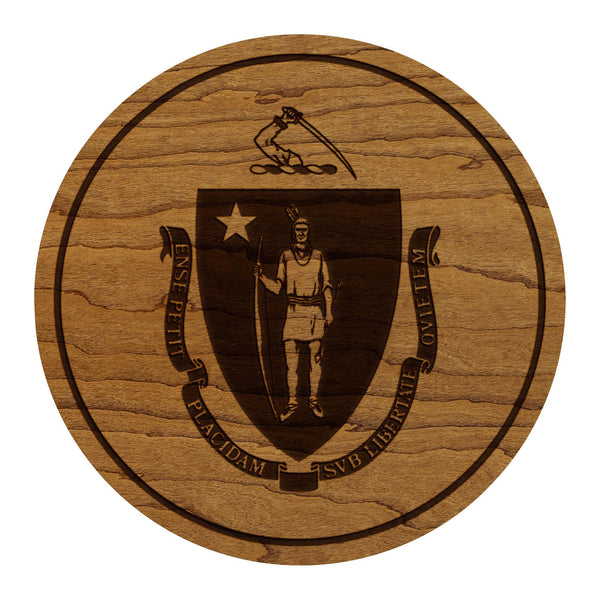 Massachusetts State Flag Coaster - Crafted from Cherry or Maple Wood