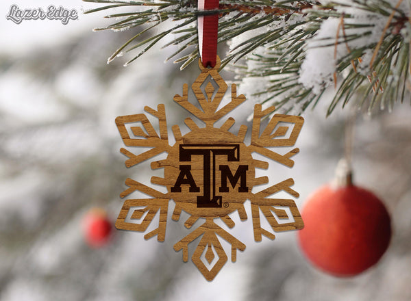 Texas A&M University TAM Snowflake Ornament – Crafted from Cherry and Maple Wood – Texas A and M Aggies