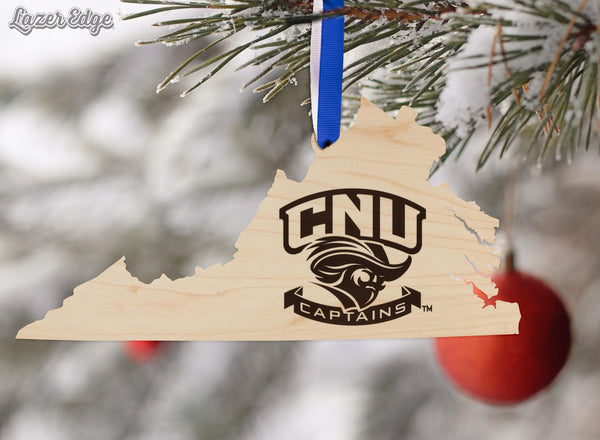 Christopher Newport University Captains on State Ornament – Crafted from Cherry and Maple Wood – CNU Captains