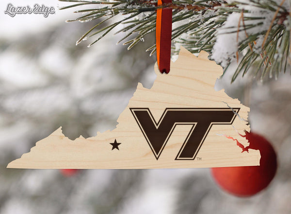 Virginia Tech VT on State Ornament – Crafted from Cherry and Maple Wood – Virginia Tech Hokies