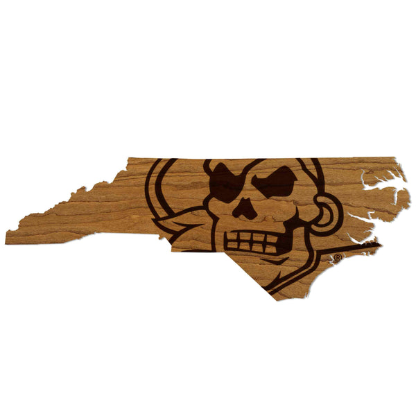 East Carolina University Jolly Roger on State Wall Hanging - Crafted from Cherry or Maple Wood - ECU Pirates