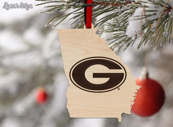 University of Georgia Athletic Logo on State Ornament - Crafted from Cherry or Maple Wood - Georgia Bulldogs