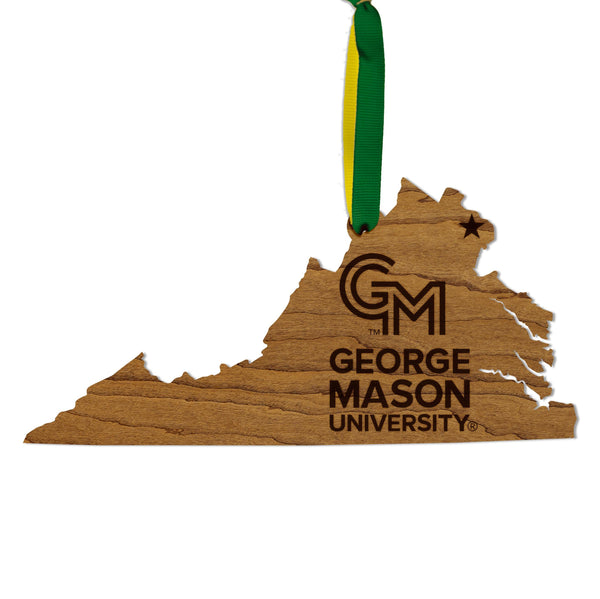 George Mason University Logo on State Ornament – Crafted from Cherry and Maple Wood – GMU Patriots