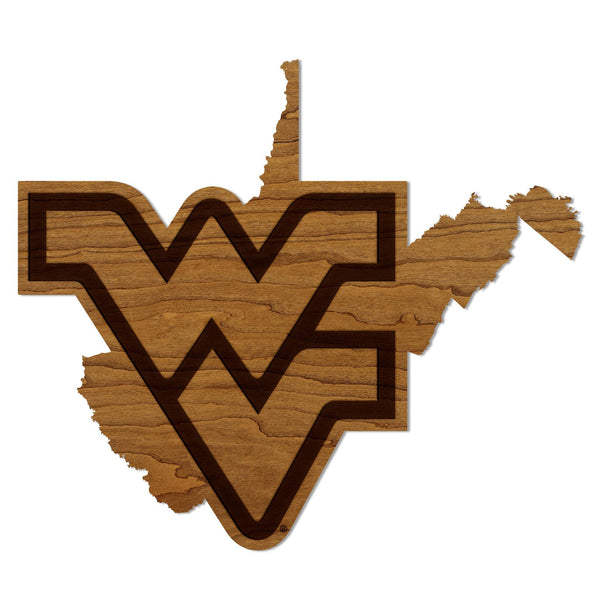 West Virginia University WV Logo on State Wall Hanging - Crafted from Cherry and Maple Wood - West Virginia Mountaineers