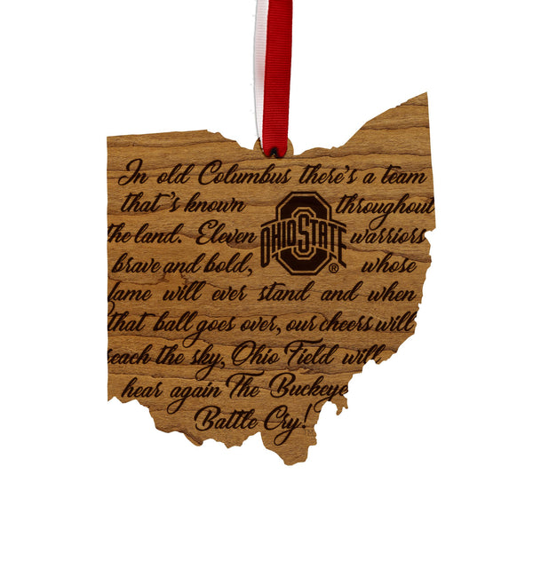 Ohio State University Battle Cry on State Ornament – Crafted from Cherry and Maple Wood – Ohio State Buckeyes