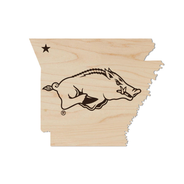 University of Arkansas Razorbacks on State Magnet - Crafted from Cherry or Maple Wood - Arkansas Razorbacks