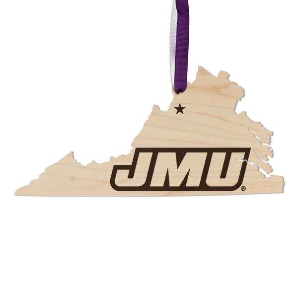 James Madison University JMU on State Ornament – Crafted from Cherry and Maple Wood – JMU Dukes
