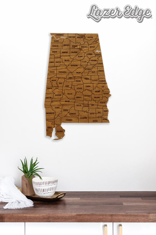 Alabama County Map Wall Hanging - Crafted from Cherry or Maple Wood