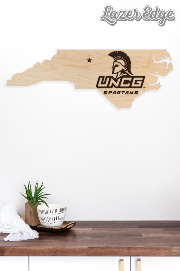 University of North Carolina Greensboro Spartans on State Wall Hanging – Crafted from Cherry and  Maple Wood