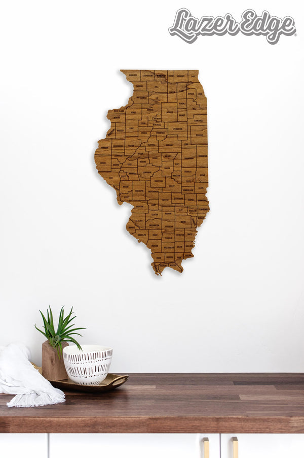 Illinois County Map Wall Hanging - Crafted from Cherry or Maple Wood