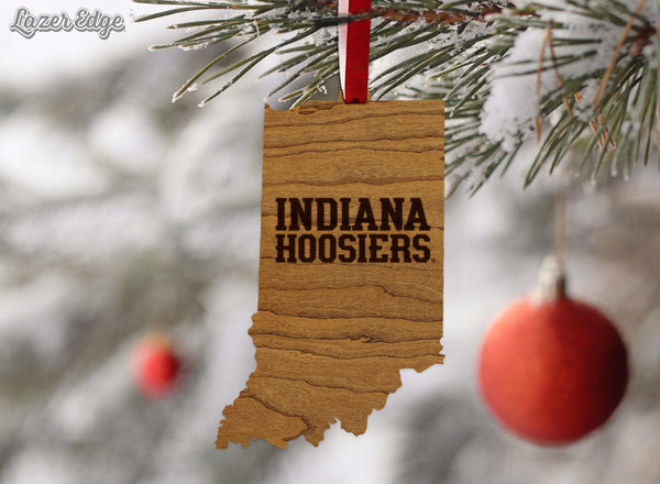 Indiana University Hoosiers on State Ornament – Crafted from Cherry and Maple Wood – Indiana Hoosiers