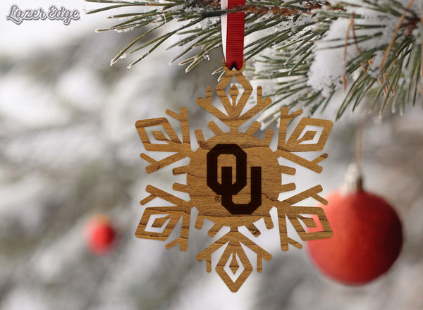 Oklahoma University OU Snowflake Ornament – Crafted from Cherry and Maple Wood – Oklahoma University Sooners