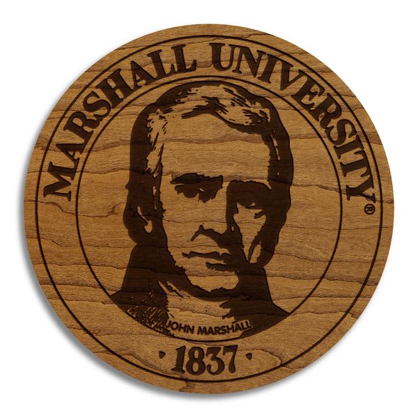 Marshall University Presidential Seal Coaster – Crafted from Cherry or Maple Wood – Marshall University Bison