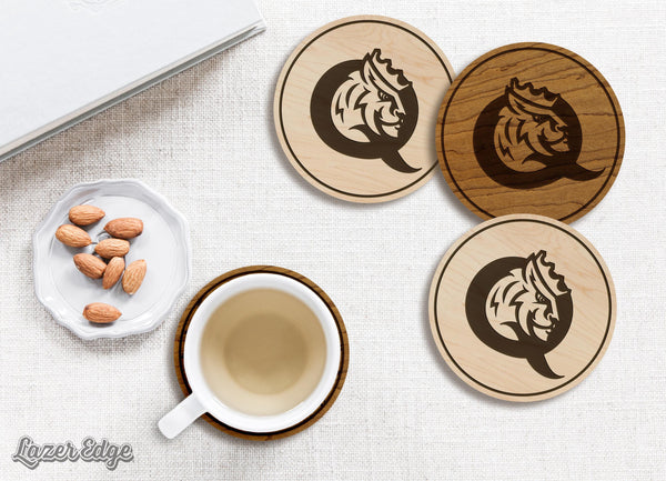 Queens University of Charlotte Primary Mark Coaster - Crafted from Cherry or Maple Wood - Queens Royals