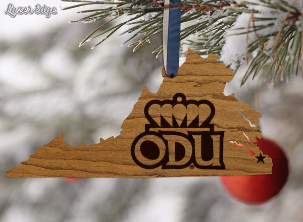 Old Dominion University Ornament Crown on State Ornament – Crafted from Cherry and Maple Wood – Old Dominion Monarchs