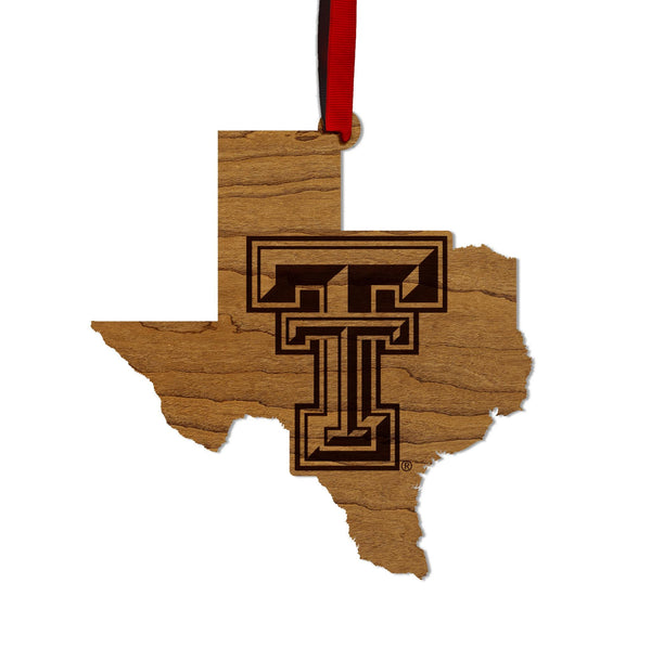 Texas Tech University Double T on State Ornament – Crafted from Cherry and Maple Wood – Texas Tech Red Raiders