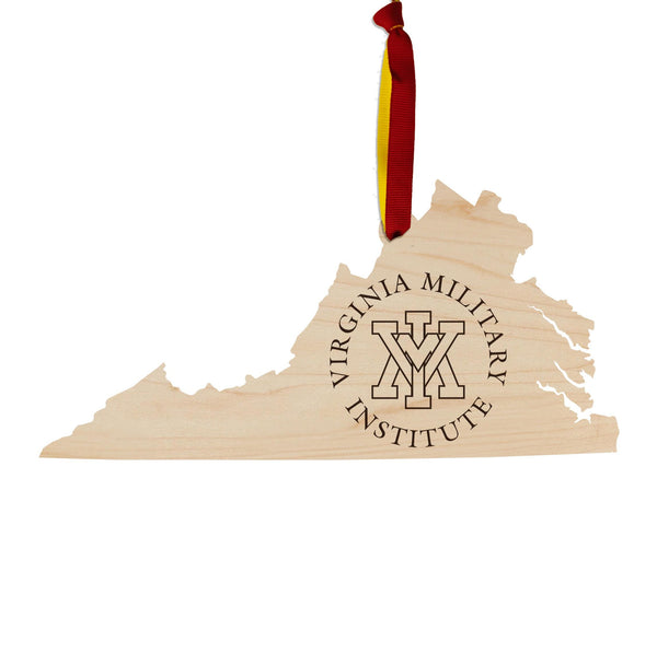 Virginia Military Institute VMI on State Ornament – Crafted from Cherry and Maple Wood – VMI Keydets