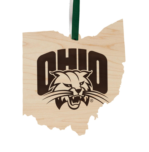 Ohio University Bobcats on State Ornament – Crafted from Cherry and Maple Wood – Ohio University Bobcats