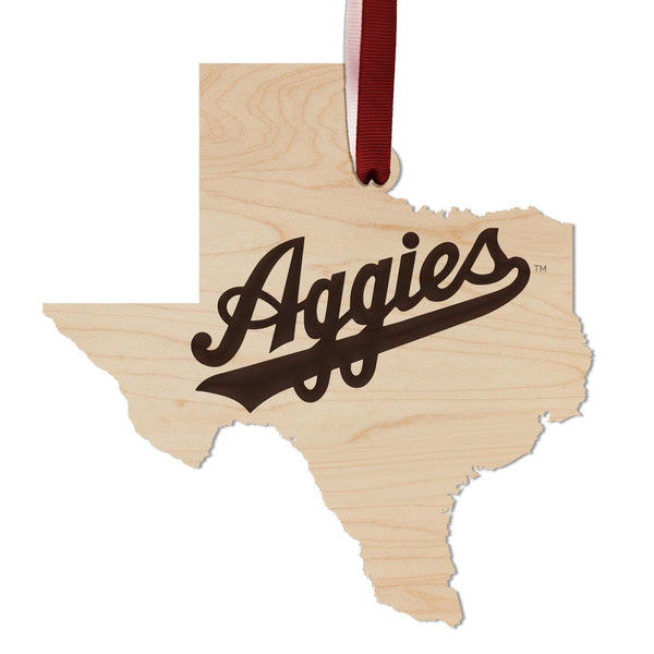 Texas A&M University Aggies on State Ornament – Crafted from Cherry and Maple Wood – Texas A and M Aggies