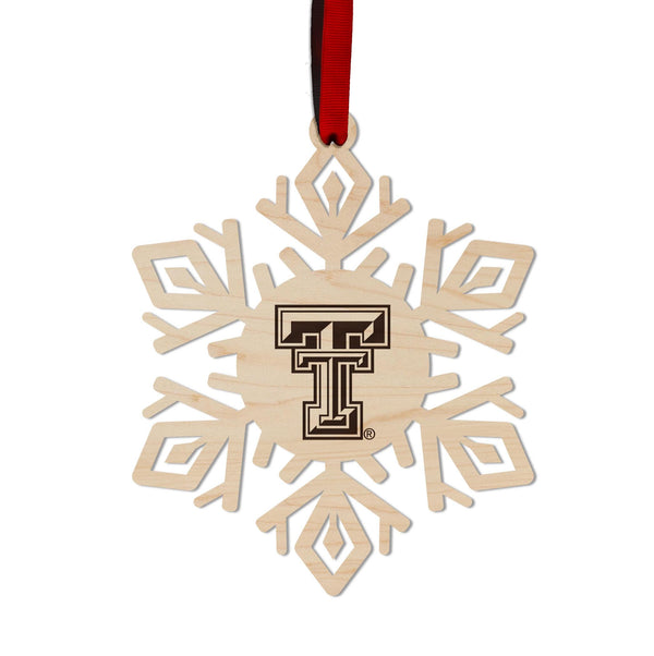 Texas Tech University Double T Snowflake Ornament – Crafted from Cherry and Maple Wood – Texas Tech Red Raiders