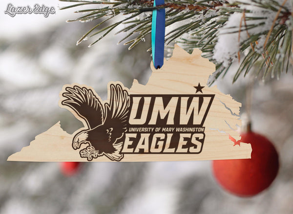 University of Mary Washington Logo on State Ornament – Crafted from Cherry and Maple Wood – UMW Eagles