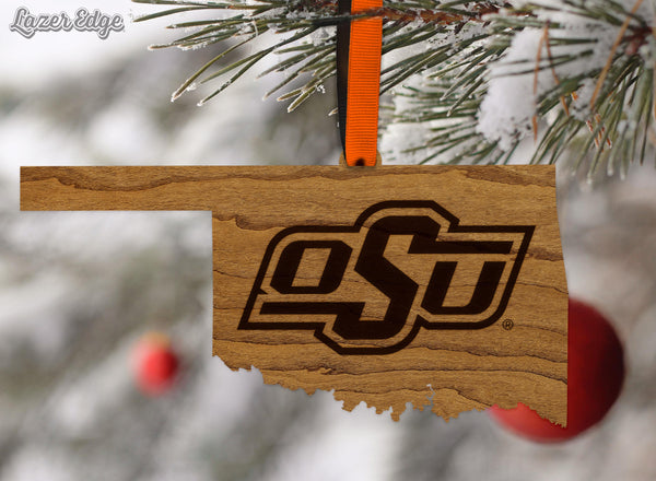 Oklahoma State OSU on State Ornament – Crafted from Cherry and Maple Wood – OSU Cowboys