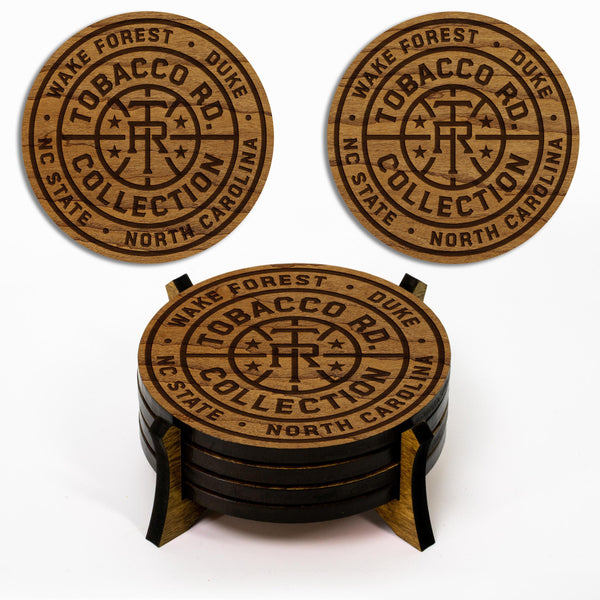 Tobacco Road Logo Wooden Coasters With Coaster Holder– Crafted from Cherry or Maple Wood