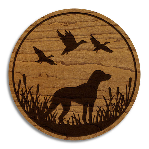 Ducks & Dog Hunting Coaster – Crafted from Cherry or Maple Wood