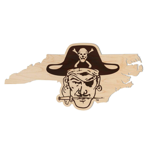 East Carolina University Pirate Head on State Wall Hanging - Crafted from Cherry or Maple Wood - ECU Pirates