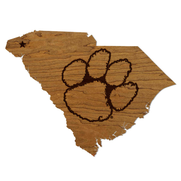 Clemson University Tiger Paw on State Wall Hanging - Crafted from Cherry or Maple Wood - Clemson Tigers