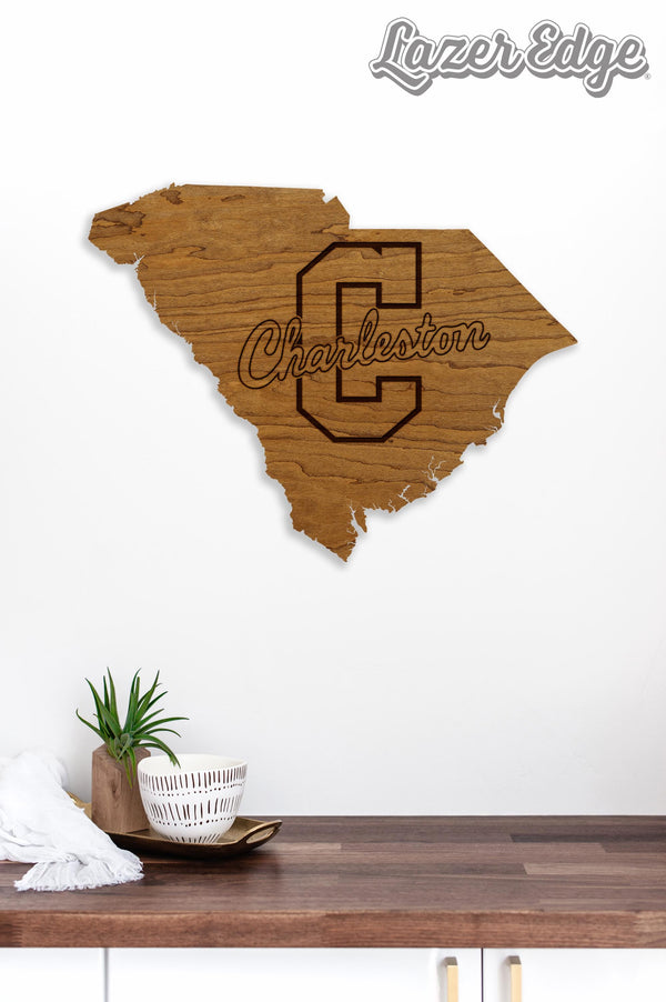 College of Charleston Logo on State Wall Hanging - Crafted from Cherry or Maple Wood - Charleston Cougars