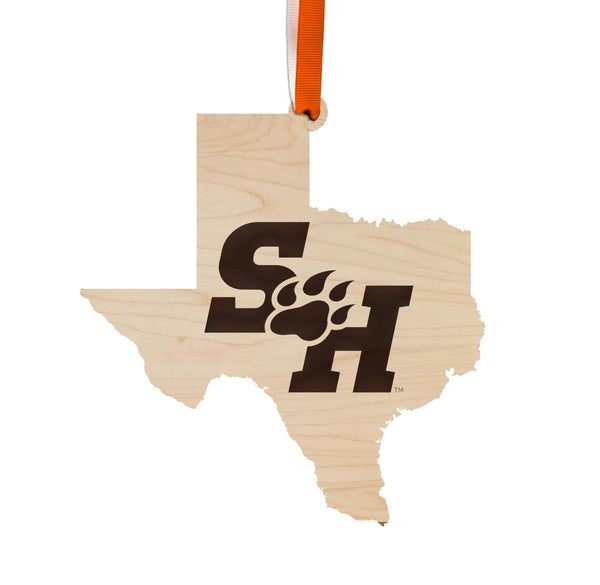 Sam Houston State University Logo on State Ornament – Crafted from Cherry and Maple Wood – Sam Houston Bearkats