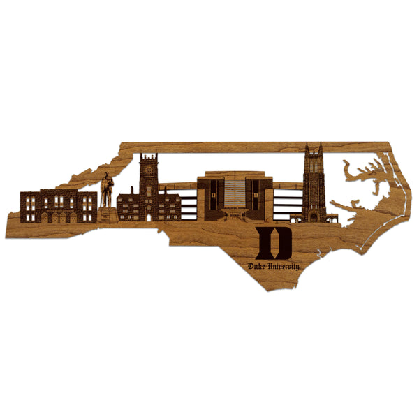 A wooden cutout of the skyline of North Carolina, featuring various architectural landmarks and buildings.